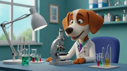Animated dog scientist focused on microscope examination in bright laboratory setting