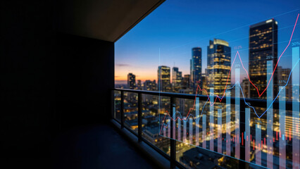 Obraz premium Financial Business Data Display Over City Skyline at Night from Balcony