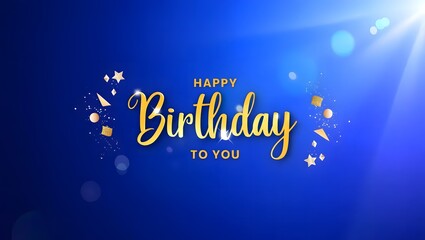 Golden happy birthday script on luxury blue background with light flares