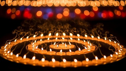 Concentric circles of lit tea candles with smoke rising against a dark background with colorful bokeh lights