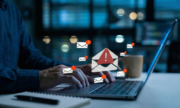 Email phishing alert concept showing suspicious messages on laptop screen, representing online scams, cyber threats, identity theft, malware attacks, and email security awareness. - Powered by Adobe