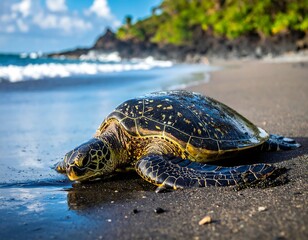 Obraz premium Large sea turtle rests on black sand beach, with ocean waves in background