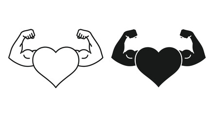Two variations of a heart shape embraced by muscular arms a powerful symbol of love silhouette