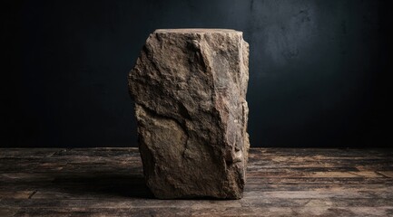 Large, weathered stone pedestal against a dark backdrop on a wooden surface