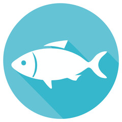 Obraz premium White fish silhouette in blue circle, flat icon, seafood, nutrition