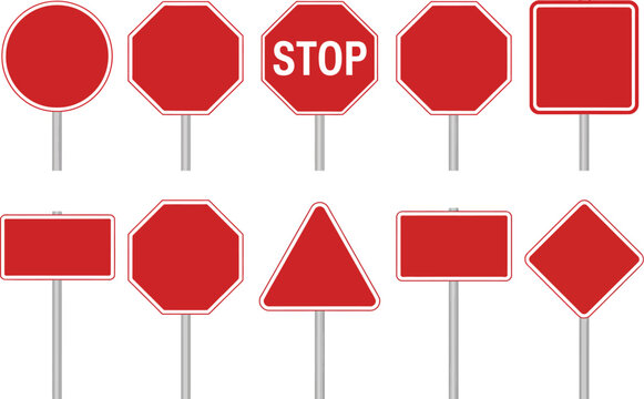 Vector collection of blank red traffic signs and warning boards including stop sign, octagonal, triangular, square, and rectangular shapes on poles.