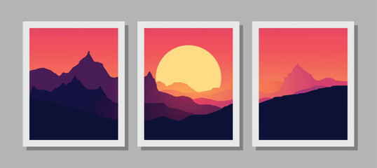 Vibrant mountain landscapes with stunning sunset views in modern art style