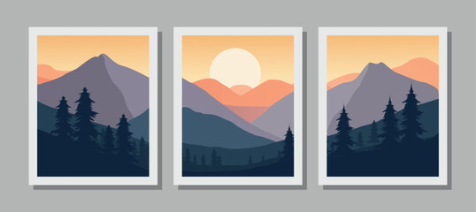 Stunning mountain landscape with trees at sunset in white frames
