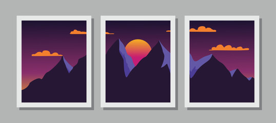 Vibrant mountain landscape at sunset with purple and orange hues