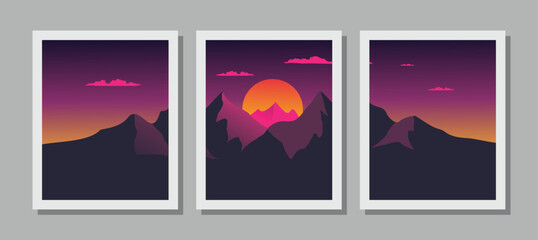 Vibrant mountain landscape at sunset with purple and orange hues
