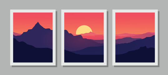 Vibrant mountain landscape art with sunset views in modern frames