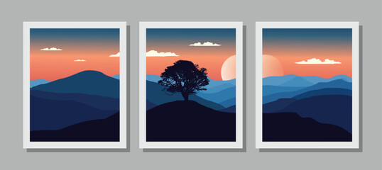 Vibrant mountain landscape with tree at sunset in triptych art