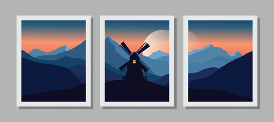 Vibrant mountain landscapes with windmill at sunset in white frames