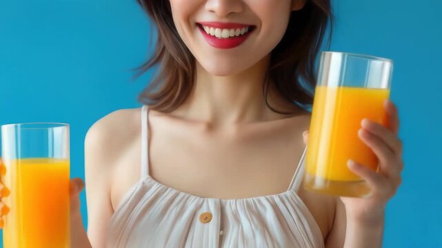 Smiling woman enjoying fresh orange juice on a sunny day