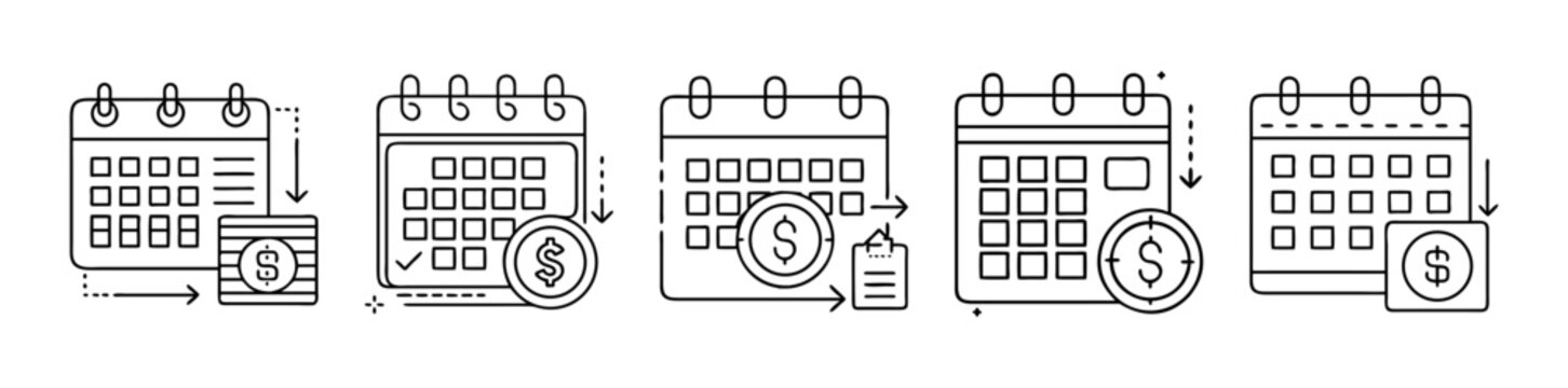 Financial calendar and payment management line icons set illustration