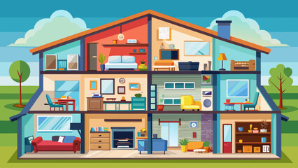 Clean flat vector cross-sectional view of a residential house, revealing furnished interior spaces such as bedroom, living area, kitchen, bathroom, nursery, and garage in a modern style