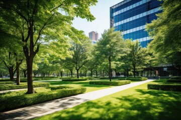 Naklejka premium Lush green park in a modern city with trees and a glass office building, creating a sustainable and eco friendly urban environment