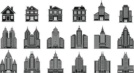 Obraz premium Modern blue building icons set, city skyline architecture collection, residential houses and skyscrapers, urban real estate symbols, flat vector illustration design