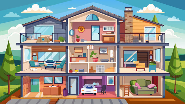 Clean flat vector cross-sectional view of a residential house, revealing furnished interior spaces such as bedroom, living area, kitchen, bathroom, nursery, and garage in a modern style