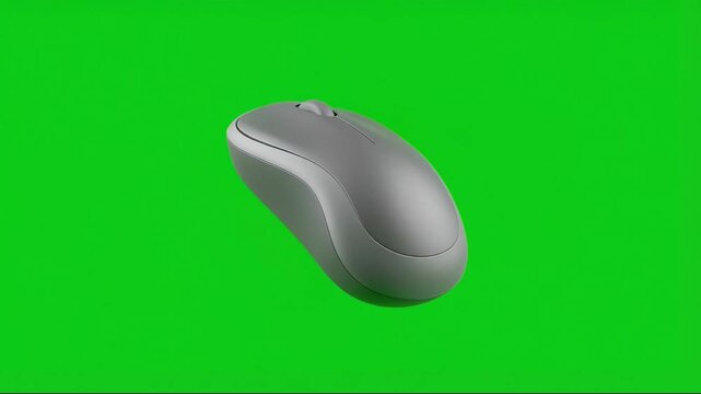 A silver computer mouse hovering in mid-air against a bright green background