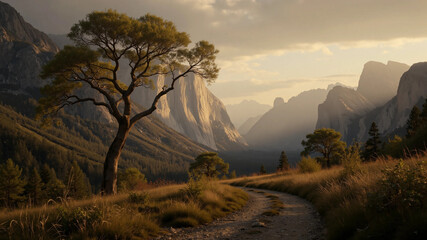 Majestic Valley Sunset Landscape with Winding Dirt Road and Lone Tree