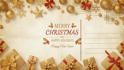 Merry Christmas and Happy Holidays card with gold presents and ornaments