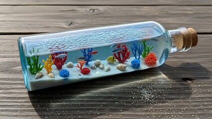 Miniature aquarium in glass bottle with colorful coral and small fish on wooden table