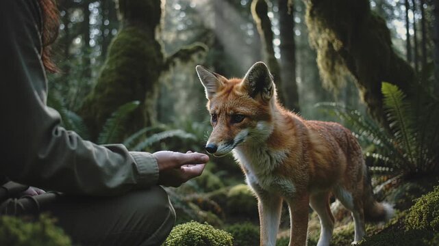 Red fox approaching a womans hand for food in a mossy forest. Animal interaction in nature with a wild creature.