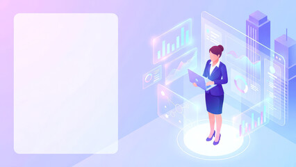 Businesswoman Analyzing Futuristic Digital Data on Holographic Screens