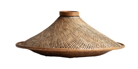 A traditional, woven, conical hat with a wide brim, showcasing a natural, brown color