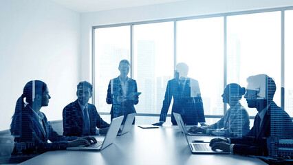 Corporate Team Meeting with Cityscape Overlay