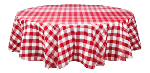 A round table covered with a red and white checkered tablecloth. The image is on a transparent background