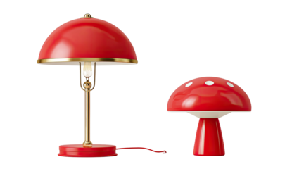 A vintage-inspired, bright red table lamp next to a mushroom-shaped decorative light, isolated on black