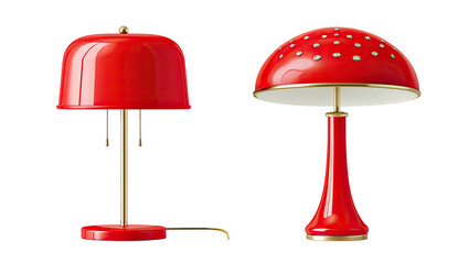 Two stylish, red table lamps with gold accents; one classic, one with a whimsical mushroom design