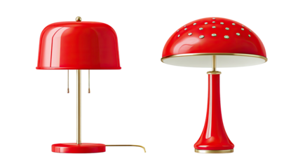 Two stylish, red table lamps with gold accents; one classic, one with a whimsical mushroom design