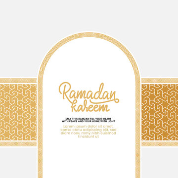 Ramadan Kareem Islamic Greeting Background with Arched Frame and Geometric Band