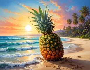 Large pineapple on beach with ocean, palm trees, and sunset
