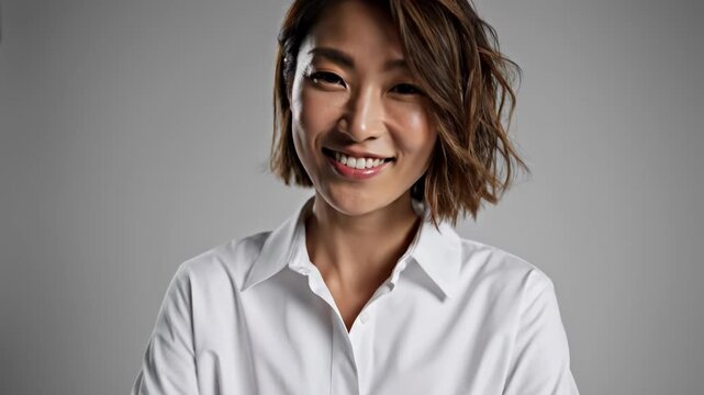 Portrait of a smiling young asian businesswoman with short brown hair wearing a white buttondown shirt, arms crossed, studio shot against a gray background with softbox lighting visible on the left
