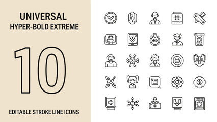 Universal Hyper Bold Extreme Editable Stroke Line Icons Collection.