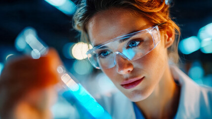 Focused female scientist wearing safety goggles examines a sample in a modern laboratory with glowing equipment and shallow depth of field