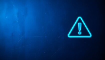 A neon warning sign glows brightly against a dark blue background with a soft spotlight effect