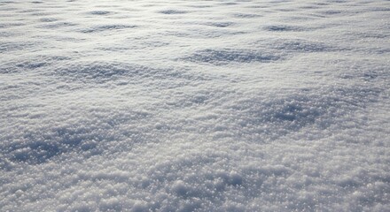 Close-up view of a textured, undulating surface of fresh, powdery white snow illuminated by soft sunlight, creating subtle shadows and highlights.