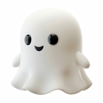 3D chubby cute cartoon ghost character with smiling face, halloween icon isolated on transparent background.