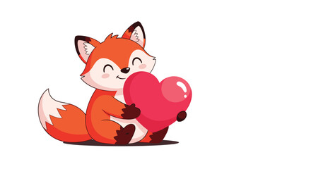 Cute cartoon fox sitting down and hugging a large glowing red heart with a happy and peaceful expression on its face for Valentine Day.
