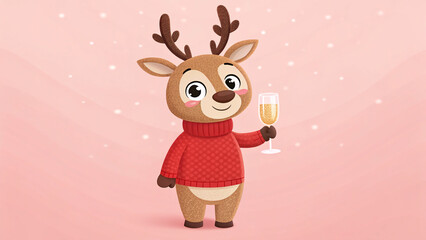 Fototapeta premium Cute cartoon reindeer holds a glass of sparkling drink in a festive setting during a winter celebration