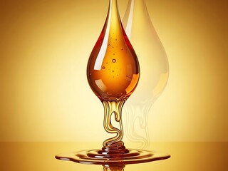 Golden liquid drop with reflection on surface and warm glow background