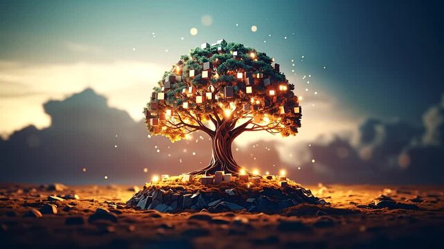 A digital tree sprouting glowing cubes on an outcrop under a vibrant gradient sky
