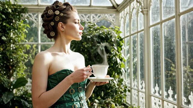 Steampunk Woman Drinking Tea in a Greenhouse, Looking Out the Window