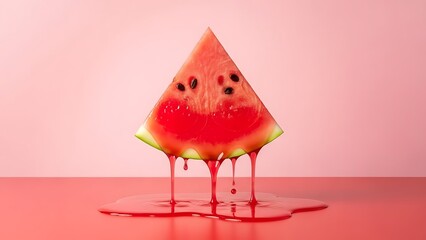 Juicy watermelon slice with seeds dripping red liquid on pink surface