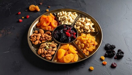 Wooden tray with six compartments of dried fruits and nuts on white surface